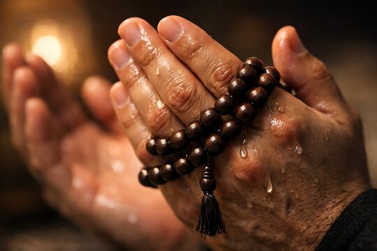 Praying Hands with Prayer Beads and Water Droplets