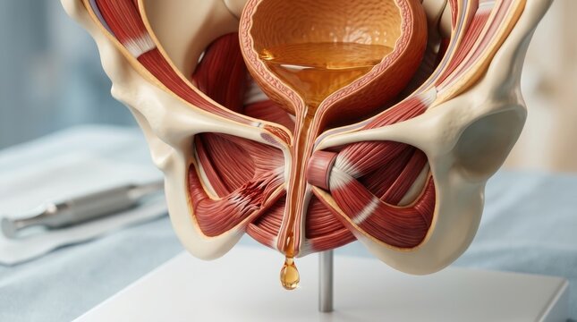 Involuntary urine release: bladder control, muscle support, pelvic health, urology issue, fluid escape, internal organ, body system, medical model, anatomy study, human structure.