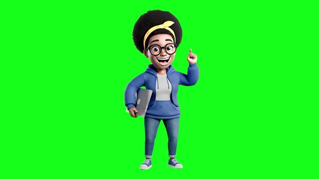 A lively 3D animated loop of a young Black female student or IT specialist dancing joyfully with a notebook computer under her arm against a solid chroma key green screen backdrop. Ideal for custom vi