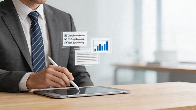 Businessman using digital tablet and stylus pen working in office with holographic interface showing project management checklist Q3 budget approval team sync meeting bar charts