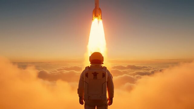 Astronaut Standing Above Clouds at Sunset, Exploring Outer Space Concept