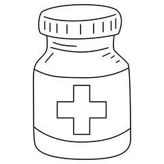 Obraz premium Medical pill bottle line art illustration, hand drawn pharmaceutical medicine container sketch