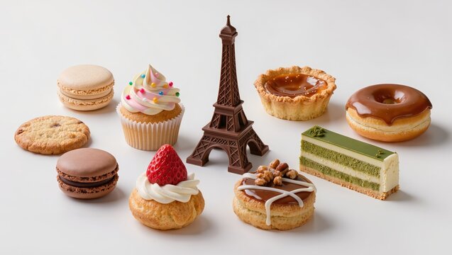 Assorted French pastries collection isolated on white background