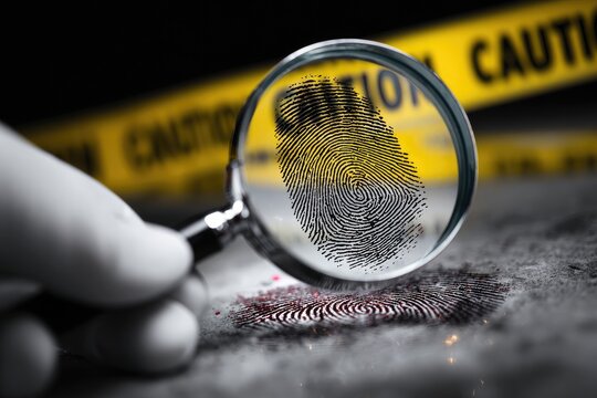 Forensic investigation of a fingerprint using a magnifying glass at a crime scene.