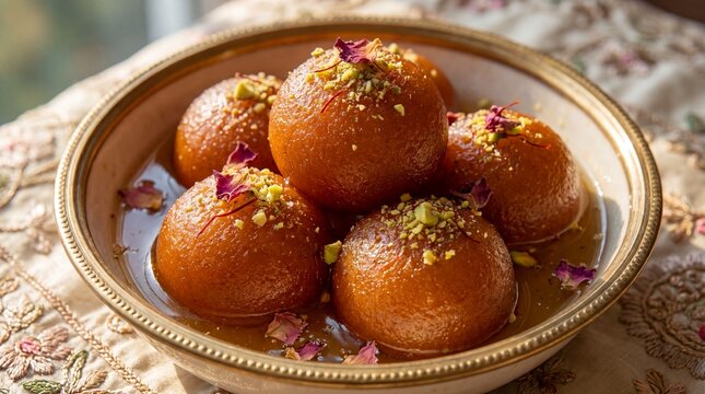 Vegan gulab jamun dessert served on ornate plate with garnishes  