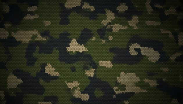 Digital camouflage pattern in green black and tan with a textured pixelated appearance evoking military or tactical themes and outdoor concealment