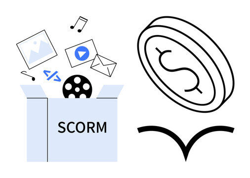 Online learning, digital content, e-learning tools, monetization, SCORM compliance, educational materials. A SCORM box with media icons and a dollar symbol. E-learning tools and monetization concept