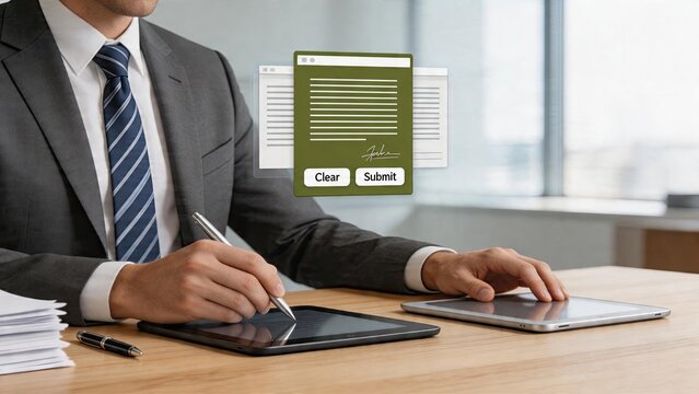 Businessman signing digital contract on tablet with signature app floating office technology workflow electronic document management system esignature software interface modern