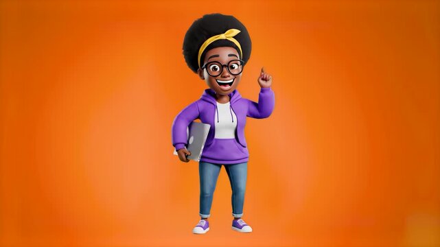 A joyful young African-American woman in a purple hoodie and glasses, pointing upward as if having a great idea. The background is a bright, solid orange, which creates a warm, optimistic, and educati