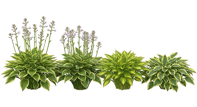 Row of green hosta plants with flowering stalks on a white background flowering vegetation landscaping perennial groundcover ornamental herbaceous isolated