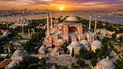 Fototapeta premium Aerial view of the Hagia Sophia Mosque at sunset in Istanbul, Türkiye.