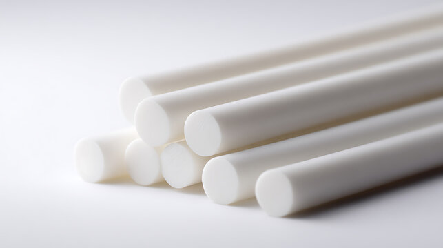 Clean pile of white plastic or polymer rods, smooth and uniform, against a bright background, showcasing precision and industrial materials development