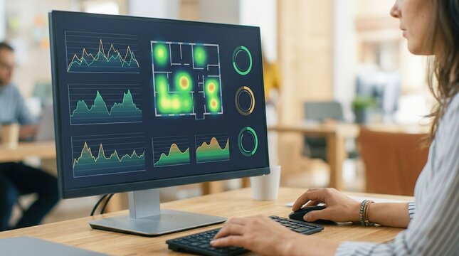 Medium shot of a computer screen with AI algorithms estimating vacancy risk in offpeak season hands interacting with the UI while background remains softly blurred.