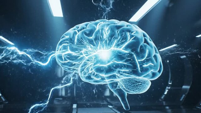 A futuristic video showcasing a glowing blue brain with lightning effects in a dark laboratory setting