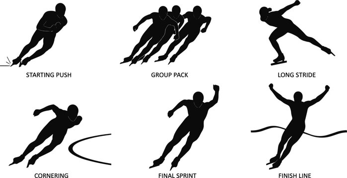 Speed skating silhouette icon set featuring starting push group pack long stride cornering final sprint and finish line for sports.