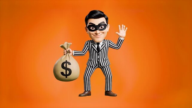 A humorous 3D animation loop of a male thief character in a striped suit and mask, waving his hand and dancing joyfully while holding a large canvas bag of money with a dollar sign against a bright or