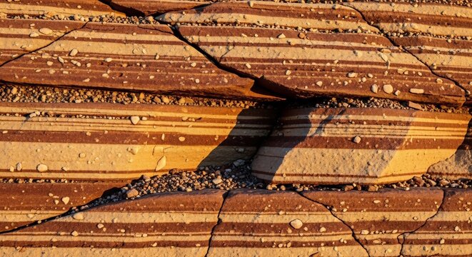 Close-up of layered sedimentary rock with distinct horizontal strata and cracks.