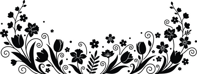 Spring flower border silhouette with tulips and daffodils, floral vine frame graphic for wedding invitations and greeting cards, isolated vector © SUMAIYA