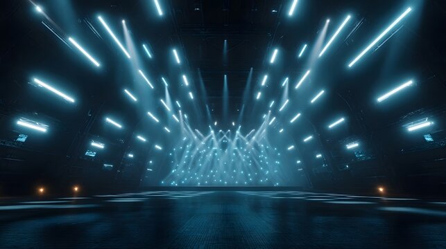 Dramatic blue spotlights create a futuristic stage setting guiding the eye through a deep illuminated pathway