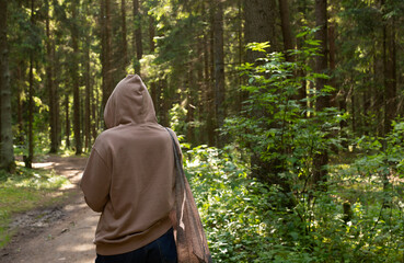 Naklejka premium Person in hoodie stands on forest trail. Back view in sunlit woodland with tote bag and green trees. Hiking, travel, and eco lifestyle concept..