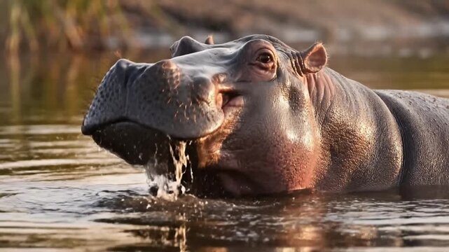 A serene video of a hippopotamus swimming peacefully in a calm body of water during sunset