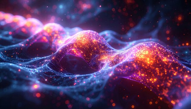 Abstract representation of quantum entanglement showing glowing interconnected particles and flowing energy waves across a deep dark void to visualize complex subatomic particle physics.