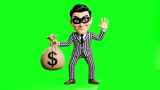A stylized 3D animated young man in a black mask and striped prisoner outfit carrying a heavy bag of money. Perfect for insurance advertisements or humorous crime stories.