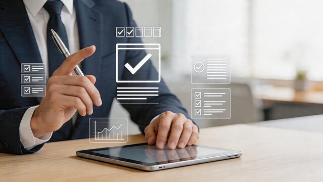 Businessman using tablet digital checklist app interface successful completion of tasks office management workflow corporate productivity tools financial growth charts on screen
