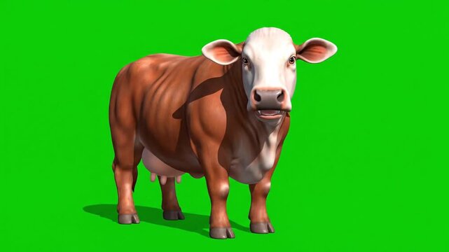 A video showcasing a brown cow with a white face standing on a green background, captured in a serene and peaceful atmosphere.