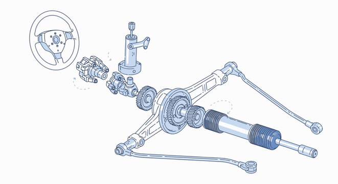 Detailed blue technical drawing of a disassembled car suspension system with various components on a white background.