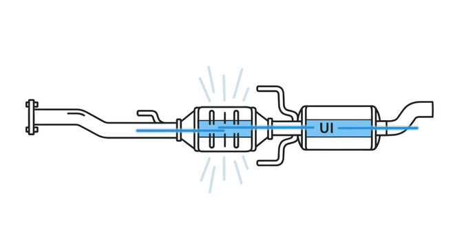 Technical drawing of a car exhaust system with a catalytic converter and muffler on a white background.