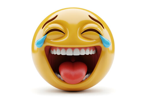 3D yellow emoji face laughing with joyful tears and bright white teeth on white background
