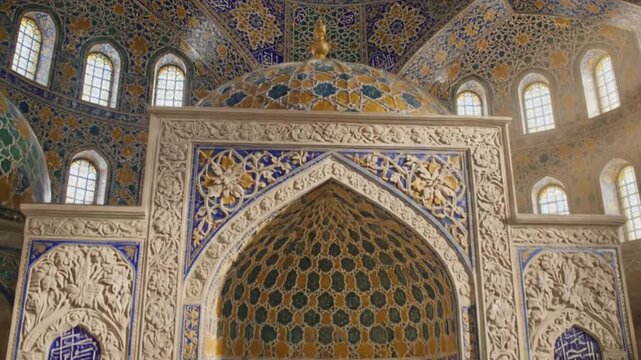 A stunning video showcasing the interior of a historic mosque with a large dome and intricate tile work