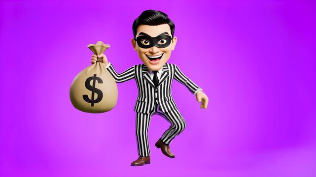 A funny 3D animated thief character in a striped suit and mask, holding a large burlap sack with a dollar sign. Ideal for security branding, financial crime metaphors, and playful banking advertisemen