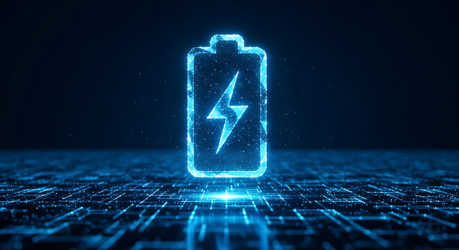 Digital battery icon with lightning bolt and circuit board pattern battery life high tech electricity lightning technology abstract computer electronic illustration information