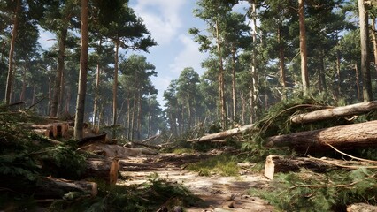 Naklejka premium Cut Pine Logs and Wood Piles in a Misty Conifer Forest After Logging Operations