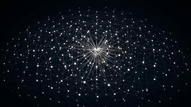 Abstract visualization of interconnected network nodes with white dots and connecting lines radiating from center on dark background, representing data connectivity and digital communication.
