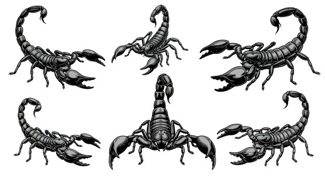Scorpion Collection: Set of Six Realistic Illustrations on White Background