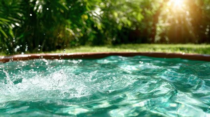 Fototapeta premium The sparkling water in a sunlit swimming pool reflects nature, with splashes creating a refreshing atmosphere, perfect for summer relaxation and enjoyment by the poolside.