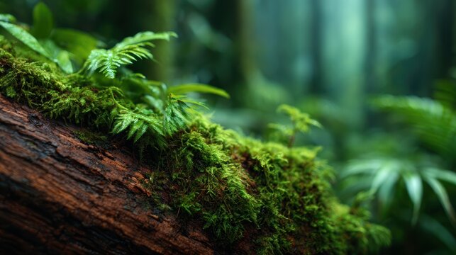 A close-up view of a moss-covered log in a vibrant forest, showcasing rich textures and hues that highlight nature's beauty and serenity, inviting the viewer into the lush environment.