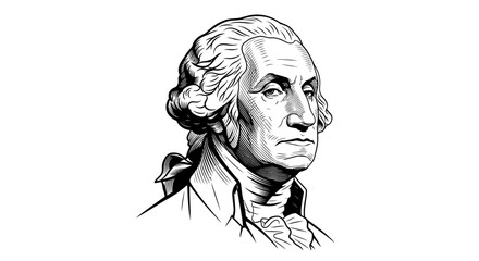 Black and white sketch portrait of George Washington with detailed facial features. © Kopi