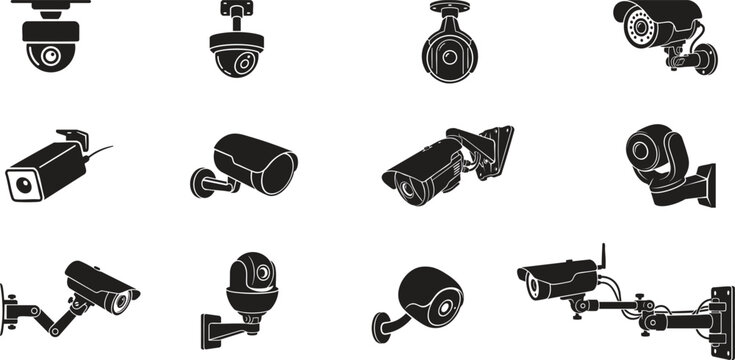 Professional CCTV surveillance camera vector silhouettes featuring dome and bullet styles for security agency logos and monitoring service advertising