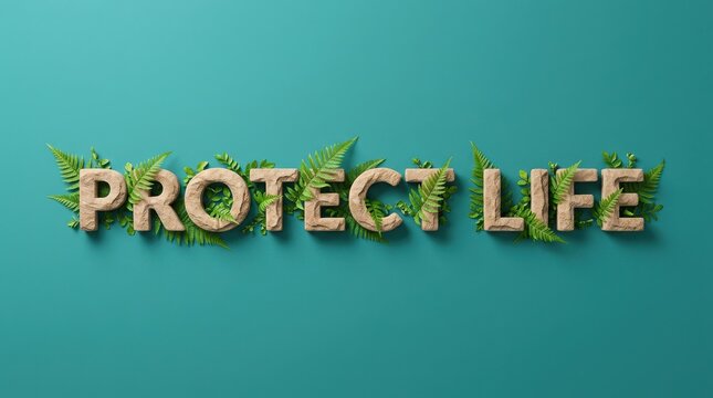 The word PROTECT LIFE made of green leaves on a teal background