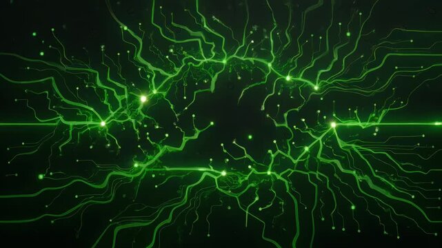 Abstract digital visualization of green neon circuit pathways with glowing nodes and light points spreading across dark background, representing technology and data connectivity.