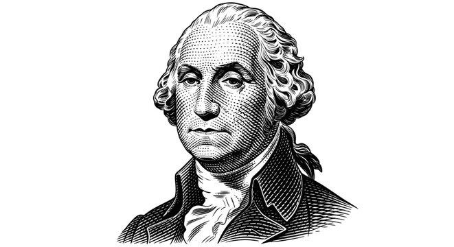 Black and white illustration of George Washington portrait.