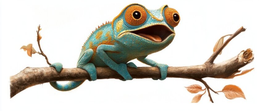 A brightly coloured chameleon with its mouth open sits on a branch &mdash; a living backdrop for children&rsquo;s encyclopaedias, zoos or apps about nature and adaptation.