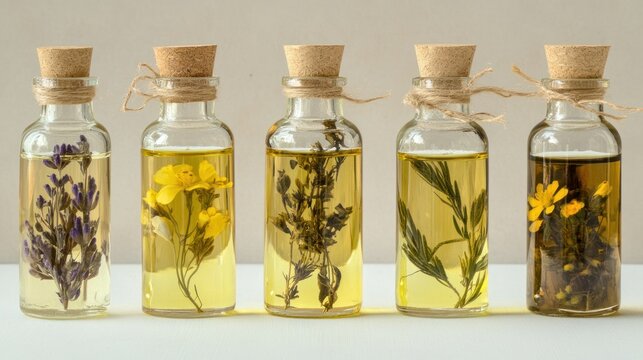Aromatic Herbal Oils in Glass Bottles