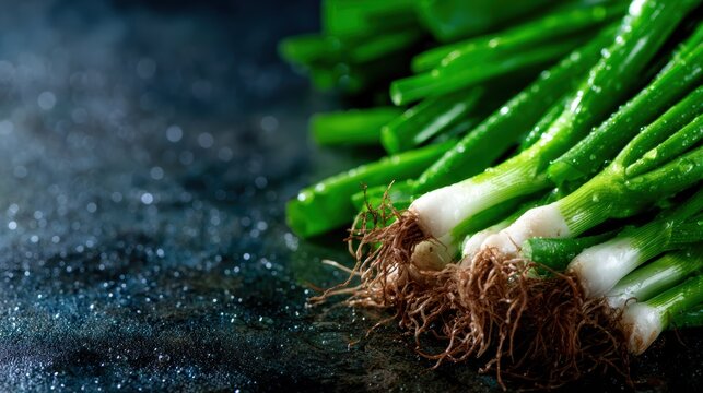 Vibrant green scallions are artfully arranged, glistening with droplets of water, epitomizing freshness and natural beauty in a culinary setting.