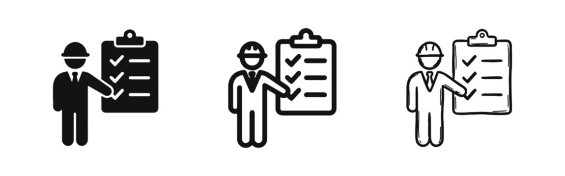 Engineer with checklist icon set for inspection and project management