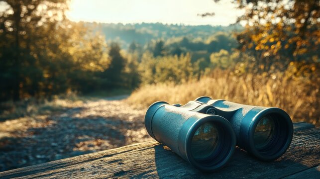 Binoculars on Wooden Fence, Autumnal Forest Landscape